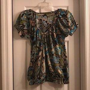 Blue, green and brown patterned top